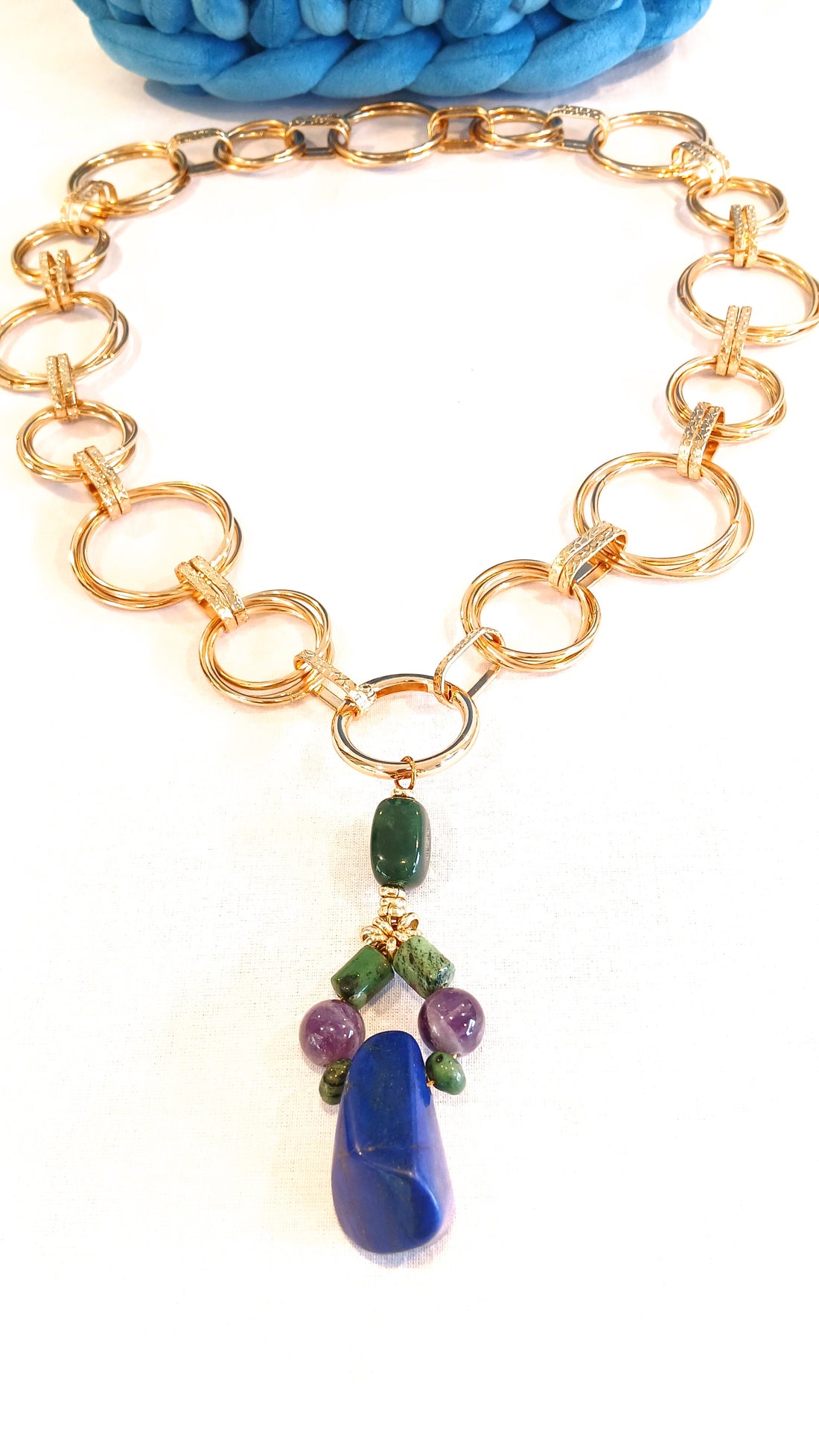 ANITÆ Handwoven Velvet Bag – Cerulean Blue - Natural stones including: Amethyst, Lapis Lazuli, Zeolite, Ruby and Emerald