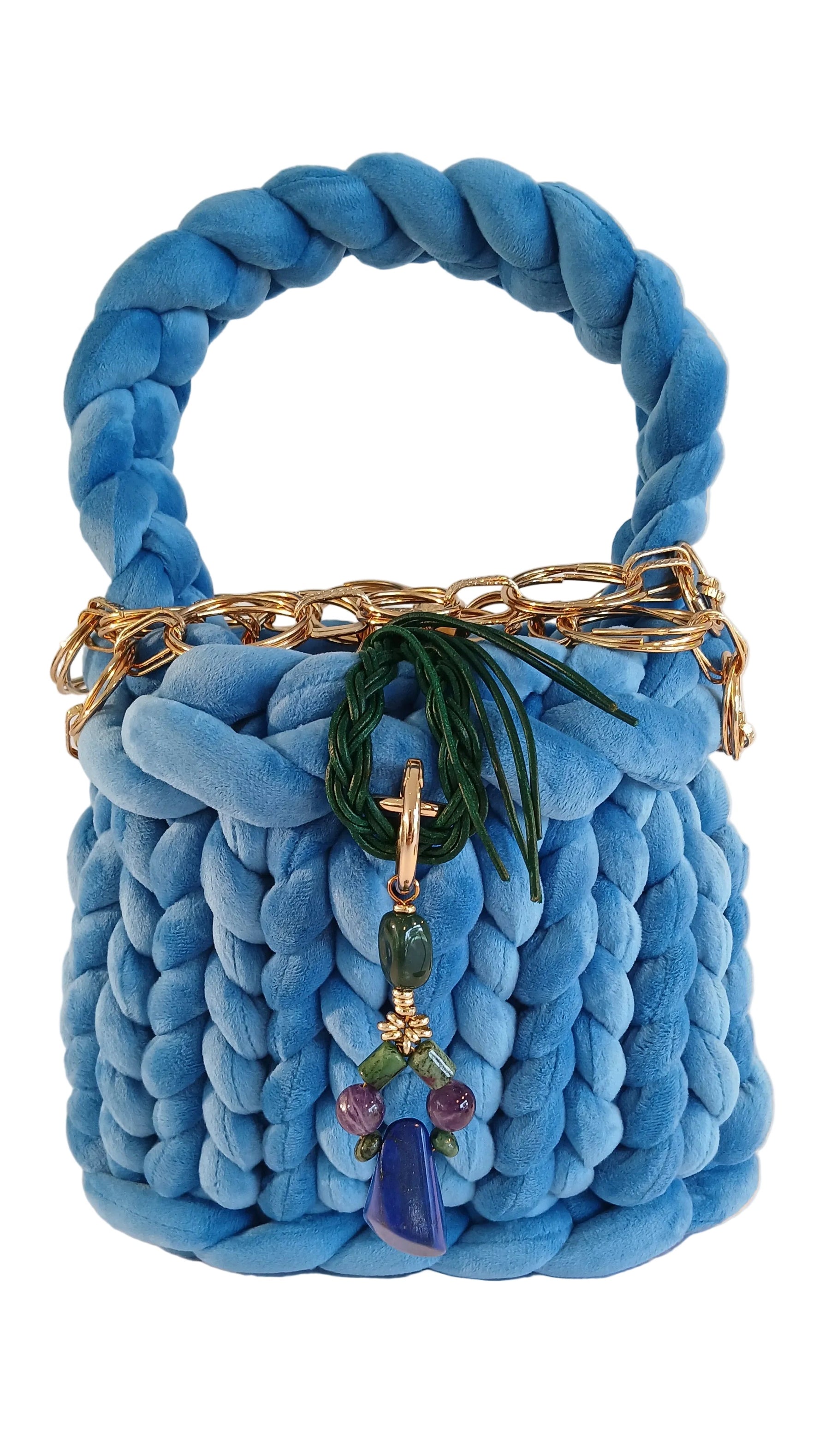 ANITÆ Handwoven Velvet Bag – Cerulean Blue - Natural stones including: Amethyst, Lapis Lazuli, Zeolite, Ruby and Emerald