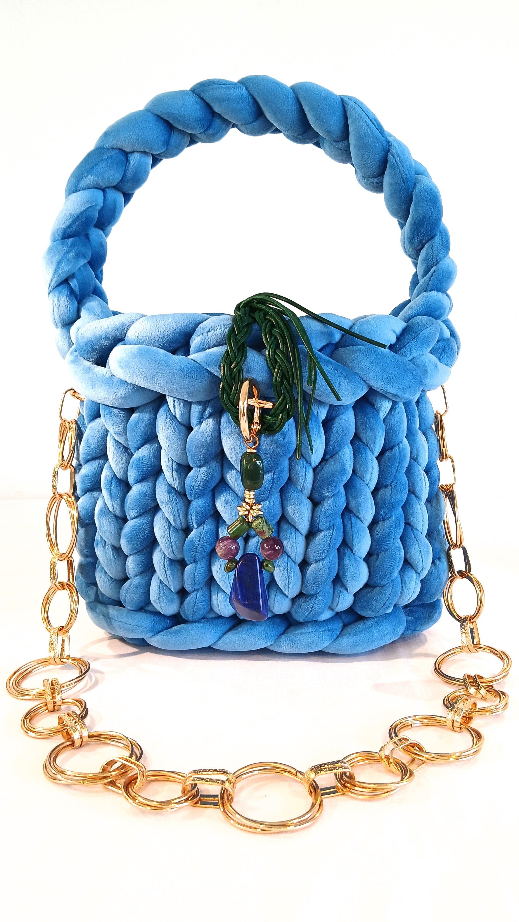 ANITÆ Handwoven Velvet Bag – Cerulean Blue - Natural stones including: Amethyst, Lapis Lazuli, Zeolite, Ruby and Emerald