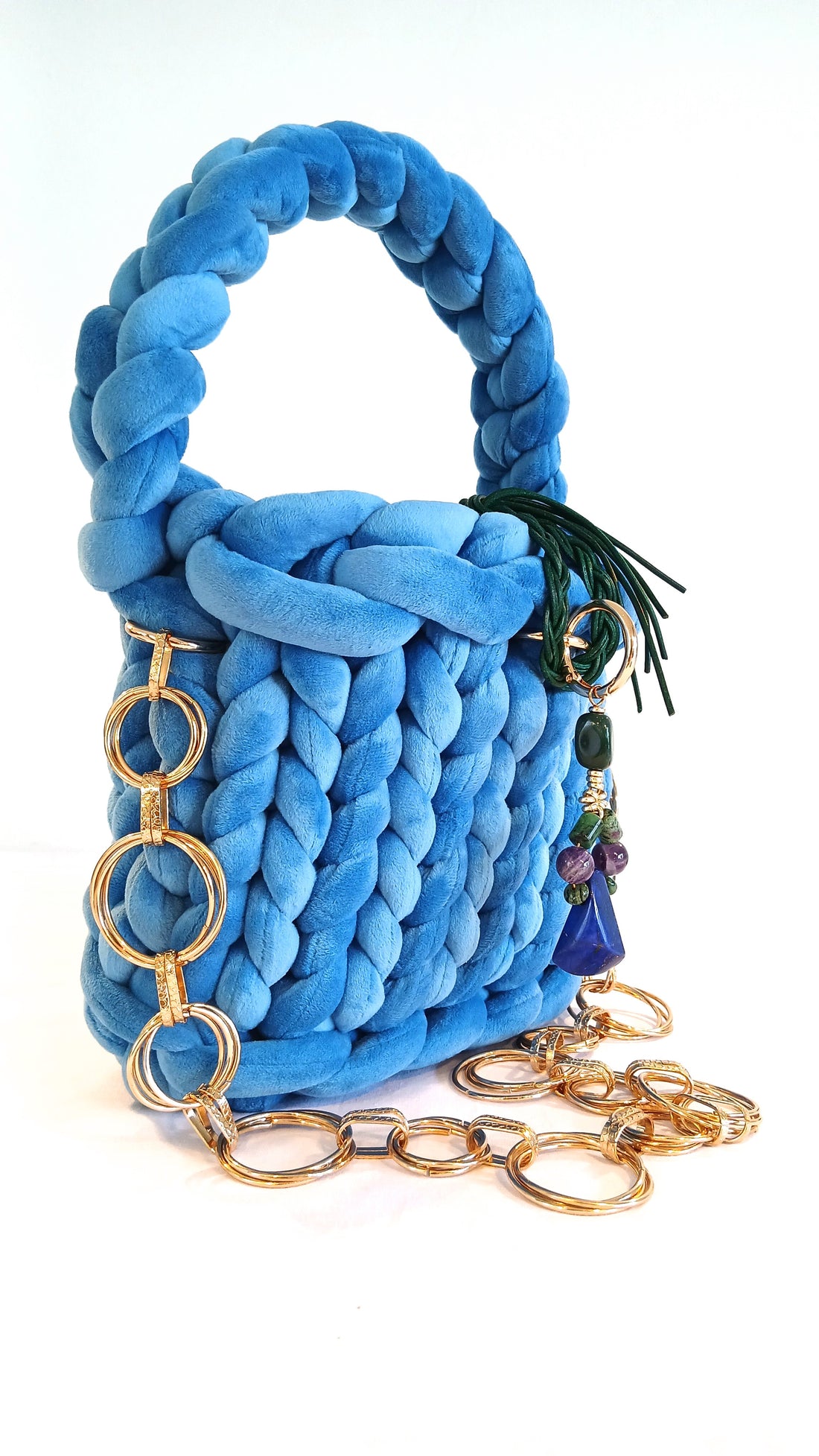 ANITÆ Handwoven Velvet Bag – Cerulean Blue - Natural stones including: Amethyst, Lapis Lazuli, Zeolite, Ruby and Emerald